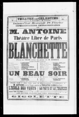 Blanchette : pièce en trois actes en prose. Représentation du Théâtre libre de Paris. Auteur : Brieux.