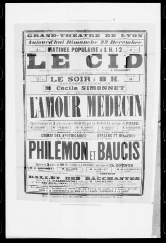 Cid (Le) : opéra en quatre actes et sept tableaux. Compositeur : Jules Massenet. Auteurs du livret : A. D'Ennery, L. Gallet et E. Blau.