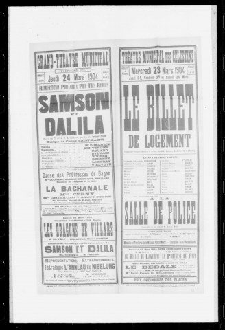 Samson et Dalila : opéra en trois actes et quatre tableaux. Compositeur : Camille Saint-Saëns. Auteur du livret : Ferdinand Lemaire. (Grand-Théâtre).