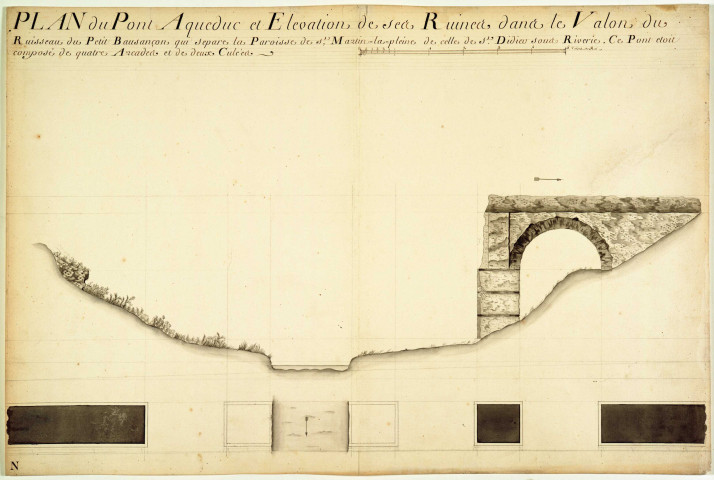 Plan du pont-aqueduc et élévation de ses ruines dans le vallon du ruisseau du Petit Bozançon.