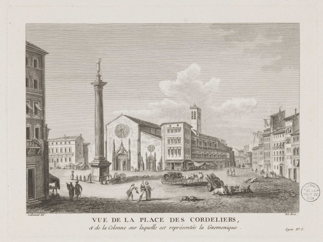 Vue de la place de Consort, dite la place des Dominiquains ; vue de la place des Cordeliers, et de la colonne sur laquelle est représentée la Gnomonique.