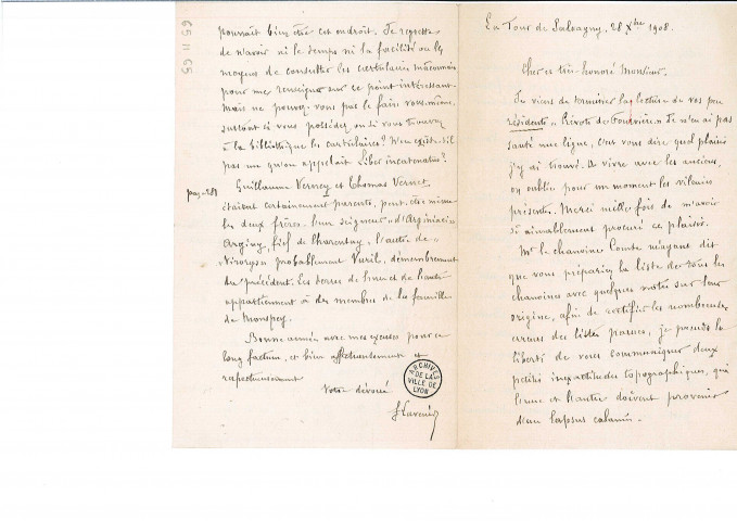 Proposition de correction de deux inexactitudes dans "Les prévôts de Fourvière" (oeuvre de 1908) et suggestion de consultation de certains cartulaires mâconnais.