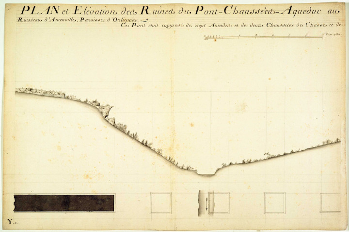Plan et élévation des ruines du pont-chaussée-aqueduc et des ruines de la chaussée-aqueduc du territoire de Rivoire.