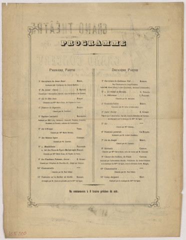 Grand Théâtre. Grand concert donné sous la patronage des autorités militaires et civiles par l'association chorale du Lyonnais au bénéfice de l'émigration alsacienne et lorraine, 16 novembre 1872.