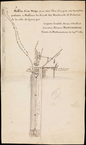 Dessin d'une pompe pour tirer l'eau d'un puits aux incendies : dessin à l'encre noire (1735, cote DD/25/1)
