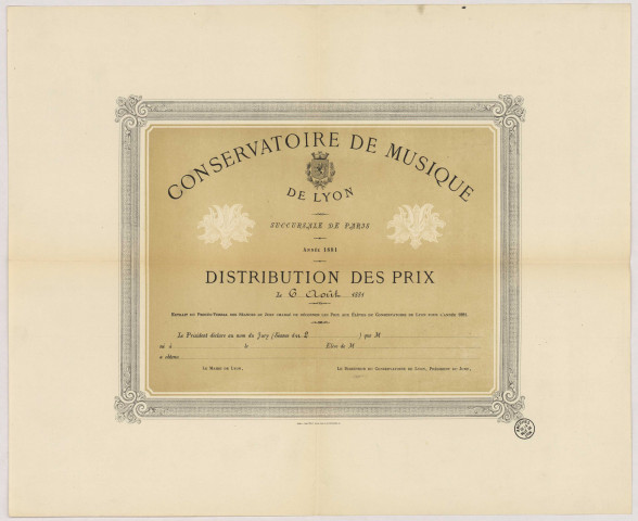 Conservatoire de musique de Lyon, succursale de Paris. Distribution des prix, le 6 août 1881.