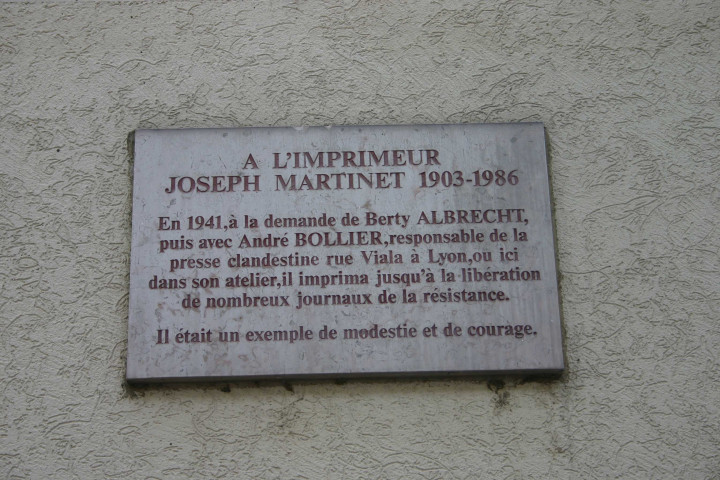 Plaque en mémoire de Joseph Martinet (imprimeur).