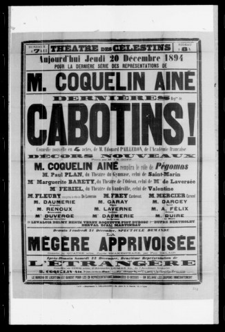 Cabotins ! : comédie nouvelle en quatre actes. Représentation Coquelin aîné. Auteur : Edouard Pailleron.