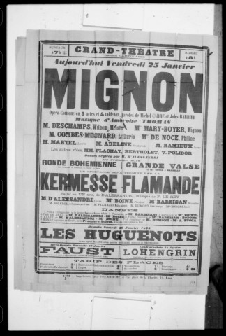Mignon : opéra-comique en trois actes et quatre tableaux. Compositeur : Ambroise Thomas. Auteurs du livret : Michel Carré et Jules Barbier.