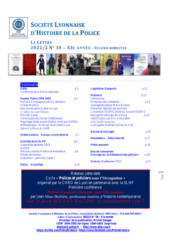 La Lettre / Société lyonnaise d'histoire de la police, n° 38, 2022/2