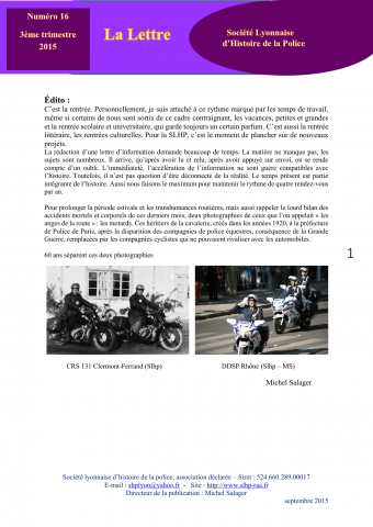 La Lettre / Société lyonnaise d'histoire de la police, n° 16, 3e trimestre 2015