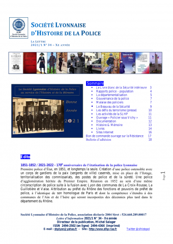 La Lettre / Société lyonnaise d'histoire de la police, n° 34, 2021/1