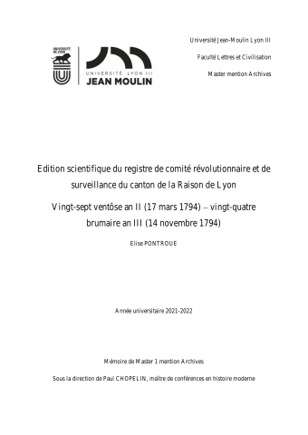 Edition scientifique du registre de comité révolutionnaire et de surveillance du canton de la Raison de Lyon