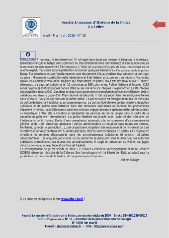 La Lettre / Société lyonnaise d'histoire de la police, n°18, avril-juin 2016