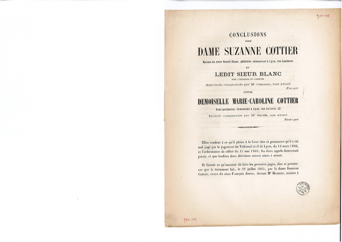 Conclusions pour dame Suzanne Cottier, épouse du sieur Benoit Blanc [...] contre demoiselle Marie-Caroline Cottier [...], intimée [...]