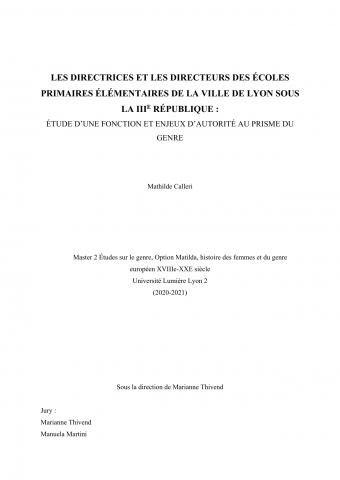 Les directrices et les directeurs des écoles primaires élémentaires de la Ville de Lyon sous la IIIe République