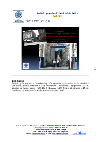 La Lettre / Société lyonnaise d'histoire de la police, n° 23-24, 3e trimestre 2017-1er trimestre 2018