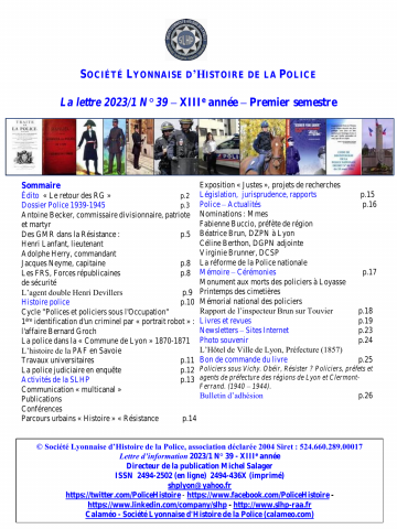La Lettre / Société lyonnaise d'histoire de la police, n° 39, 2023/1