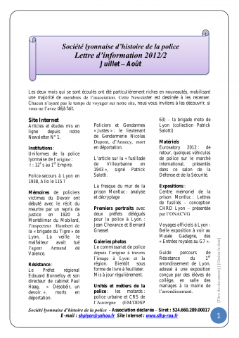 La Lettre / Société lyonnaise d'histoire de la police, 2012-2