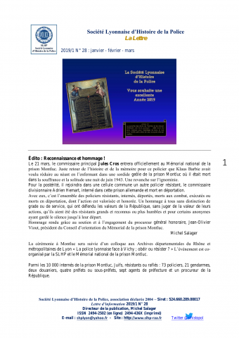 La Lettre / Société lyonnaise d'histoire de la police, n° 28, 1er trimestre 2019