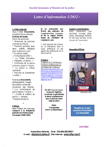 La Lettre / Société lyonnaise d'histoire de la police, 2012-1